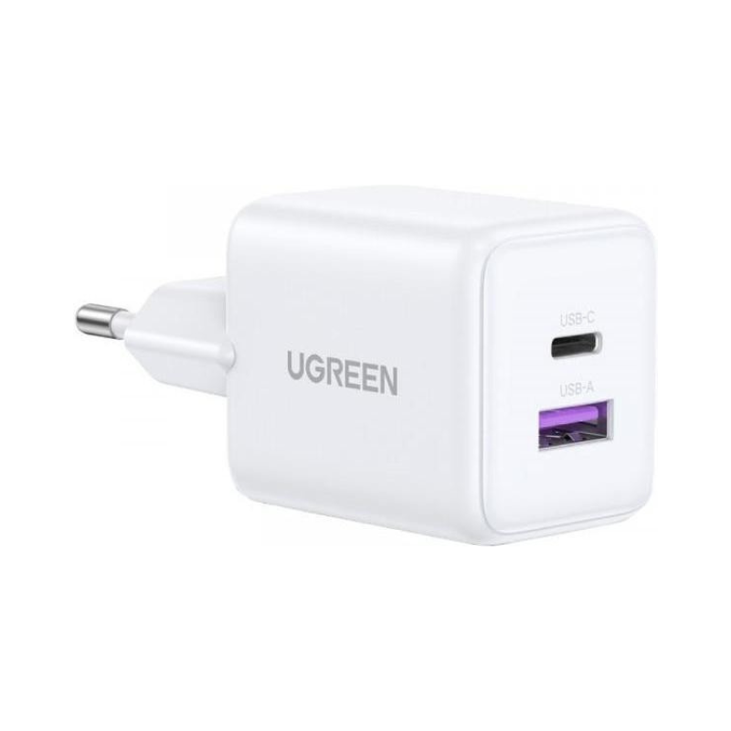 شاحن يوجرين X516 GaN 30W ثنائي المنافذ (USB‑C + USB‑A) – أبيض