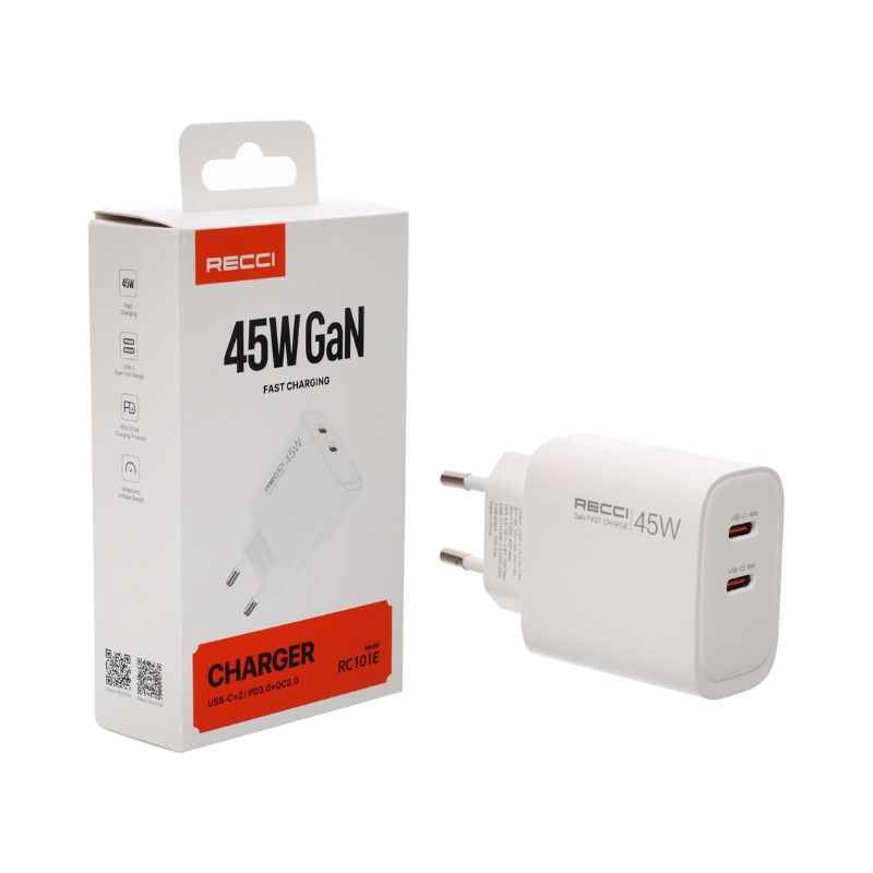 شاحن RC101E بمقبس جان أوروبي بقدرة 45W مع منافذ USB نوع سي مزدوجة من RECCI، أبيض